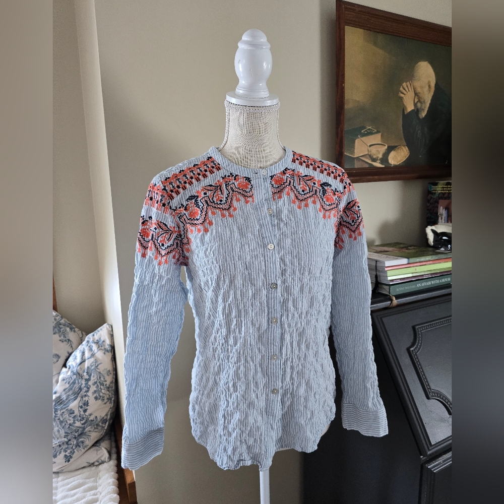 Sundance Embroidered Button Down Stripped Shirt Sz MP M PETITE.